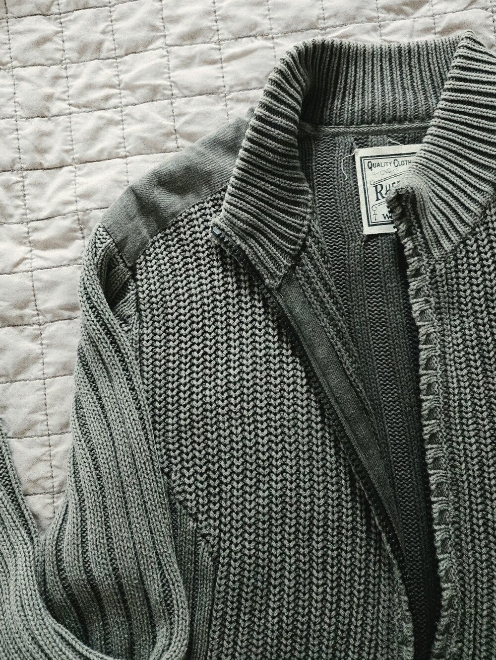 Cotton Zip Cardigan Rib Knit Ruff Hewn Well Worn Shoulder Panel Size XL